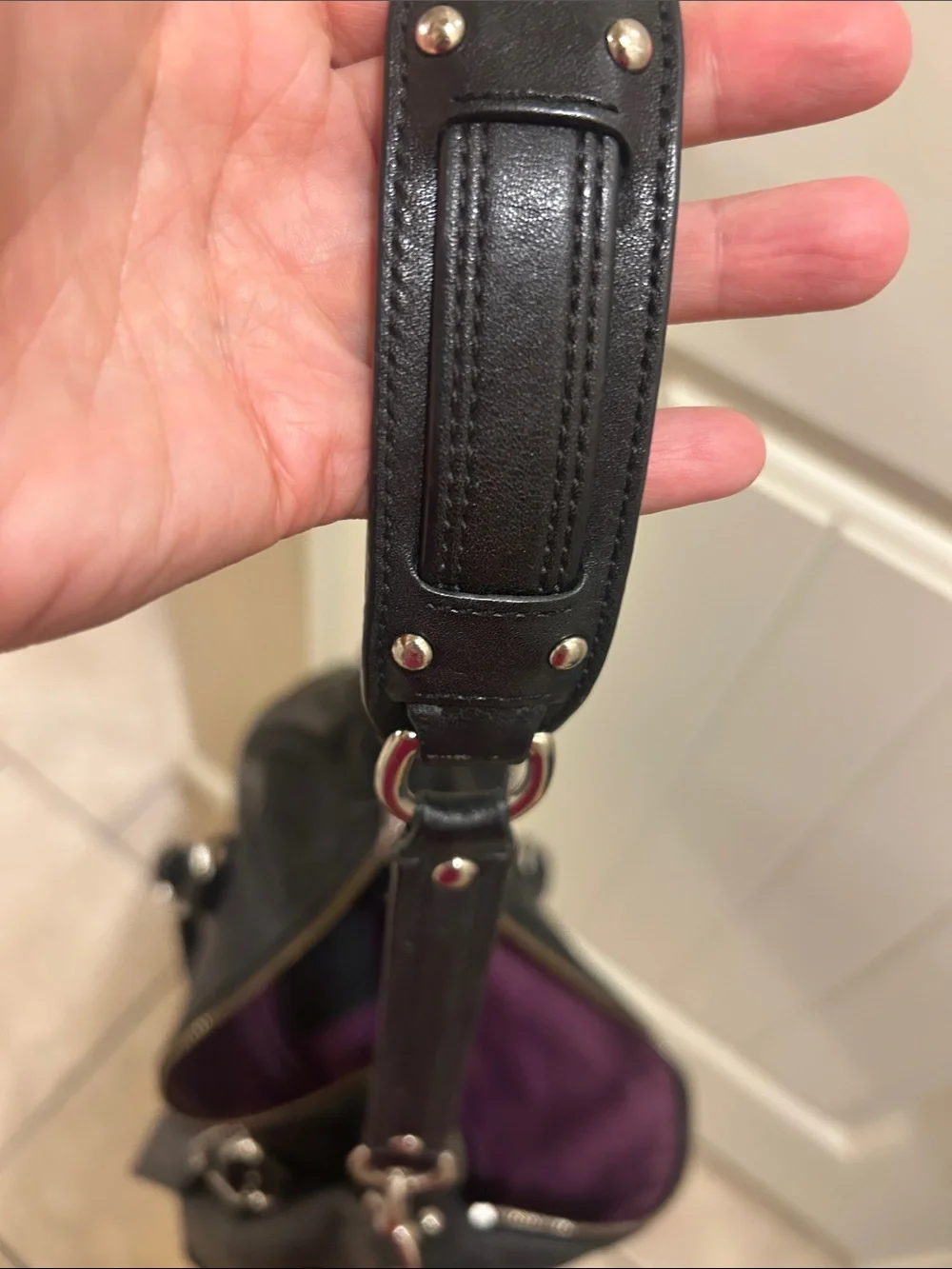 Vintage Ashley Coach Black Leather Shoulder Satchel with purple lining